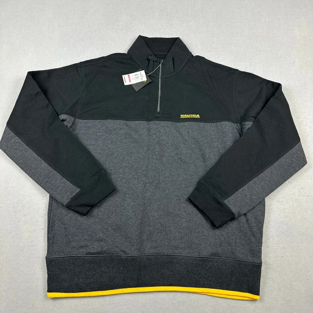 Vintage Nautica Competition Sweater Men XL Gray Black 1/4 Zip Y2K Deadstock